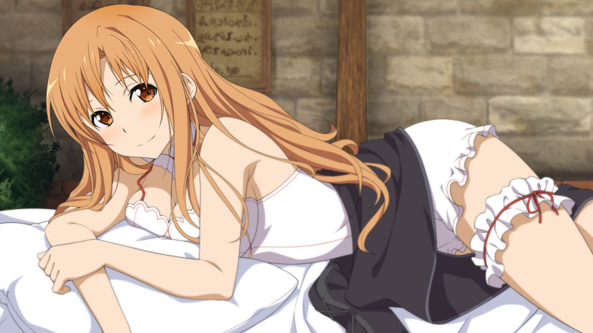 10s, 1girl, asuna_(sao), bed_sheet, breasts, brown_eyes, brown_hair, cleavage