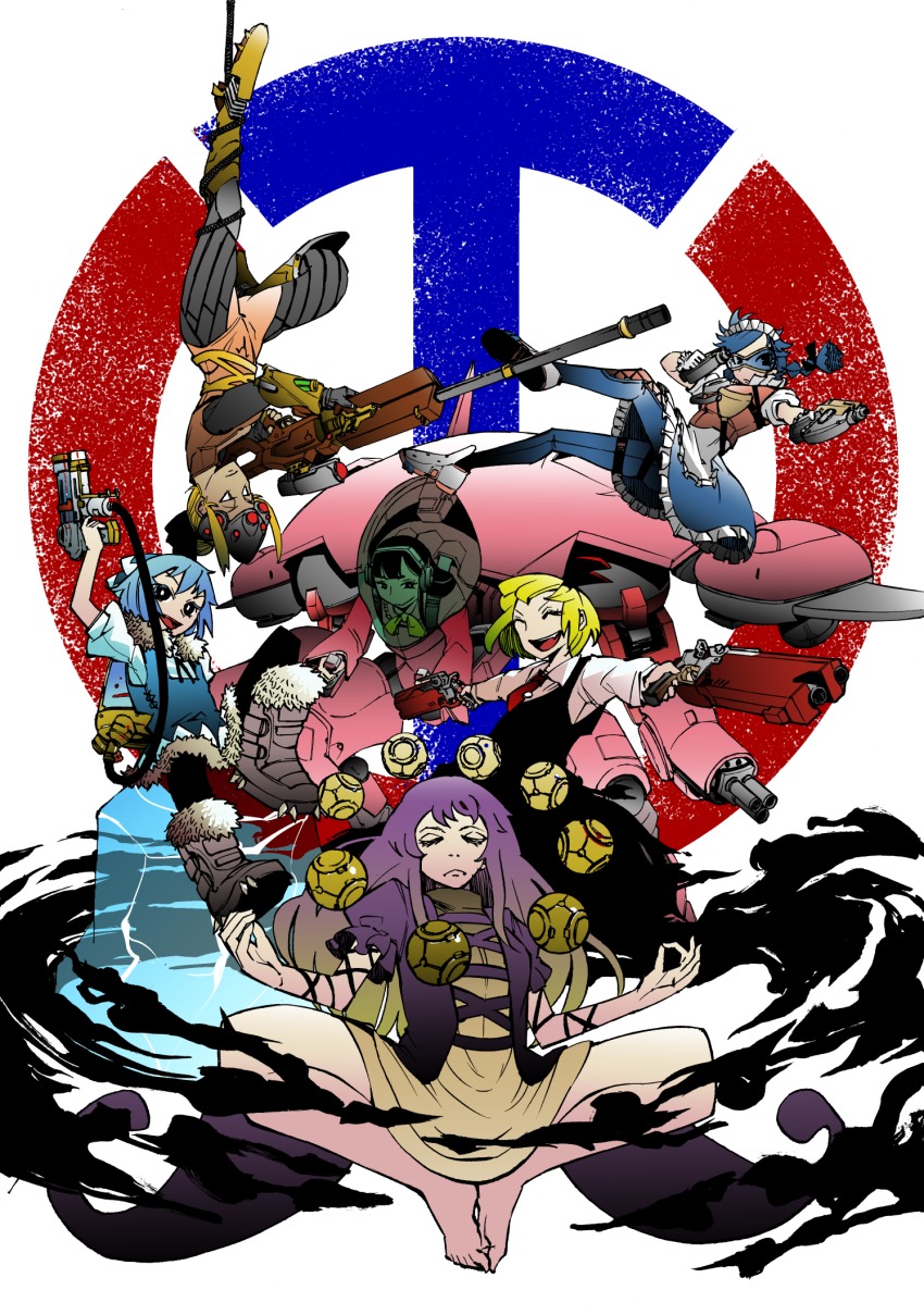 6+girls, adapted_costume, apron, arm_cannon, armor, ascot, barefoot, black_dress