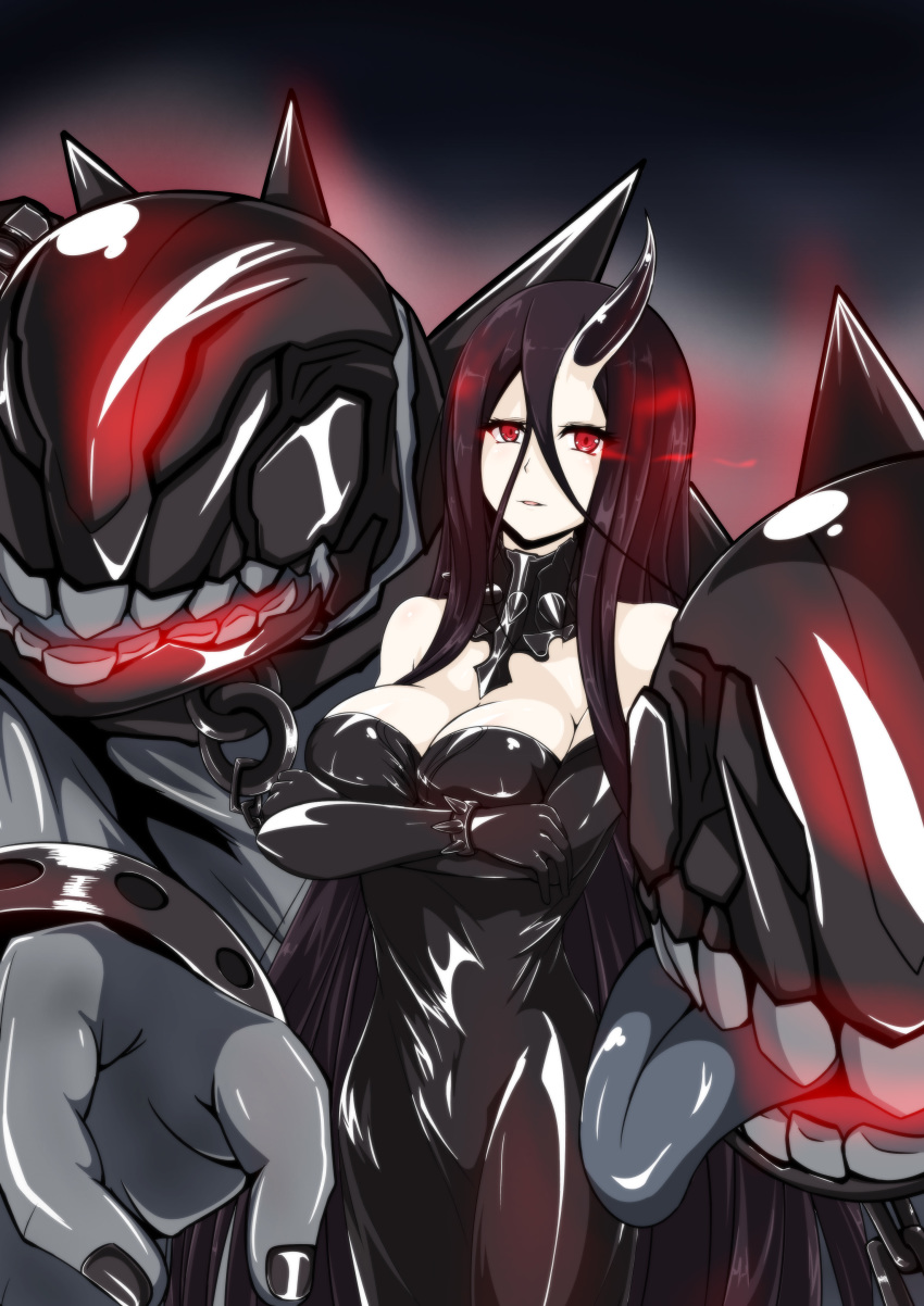 10s, 1girl, absurdres, abyssal_ship, bare_shoulders, battleship_water_oni, black_dress, black_gloves