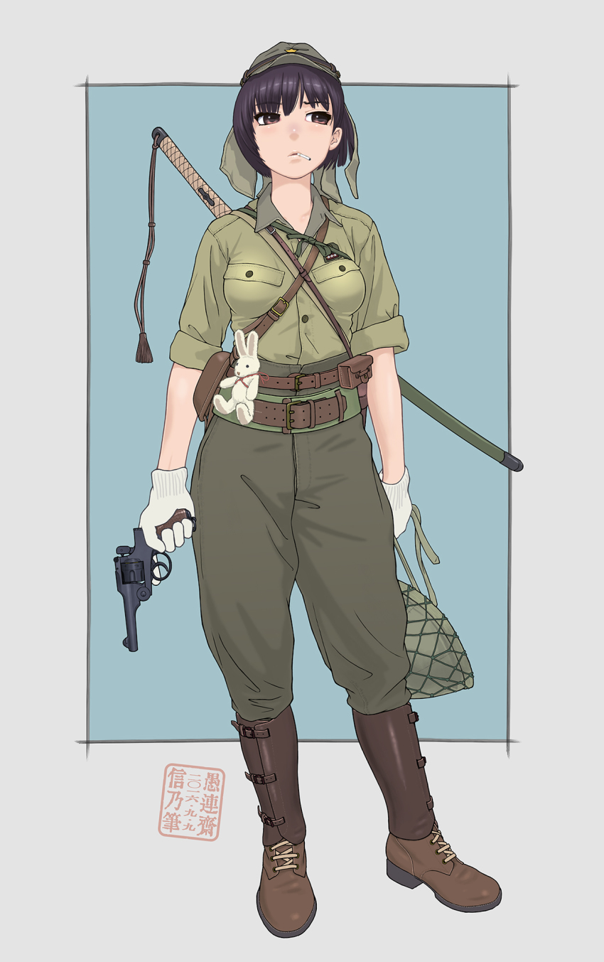 1girl, belt, between_breasts, boots, breast_pocket, breasts, brown_boots, brown_hat