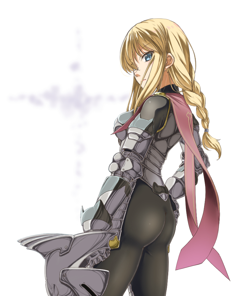 1girl, armor, ass, blue_eyes, bodysuit, braid, contrapposto, cowboy_shot
