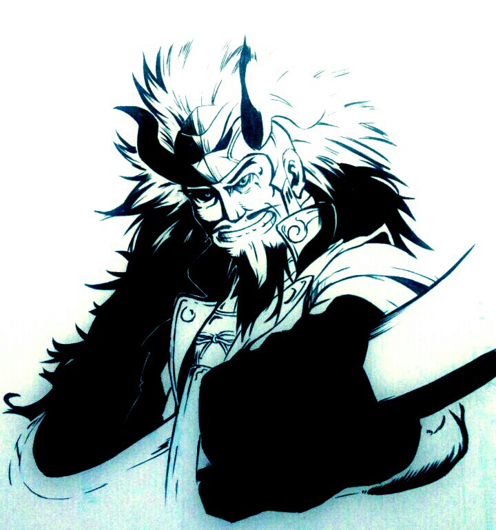 1boy, armor, black_hair, coat, evil_grin, evil_smile, eyebrows, facial_hair