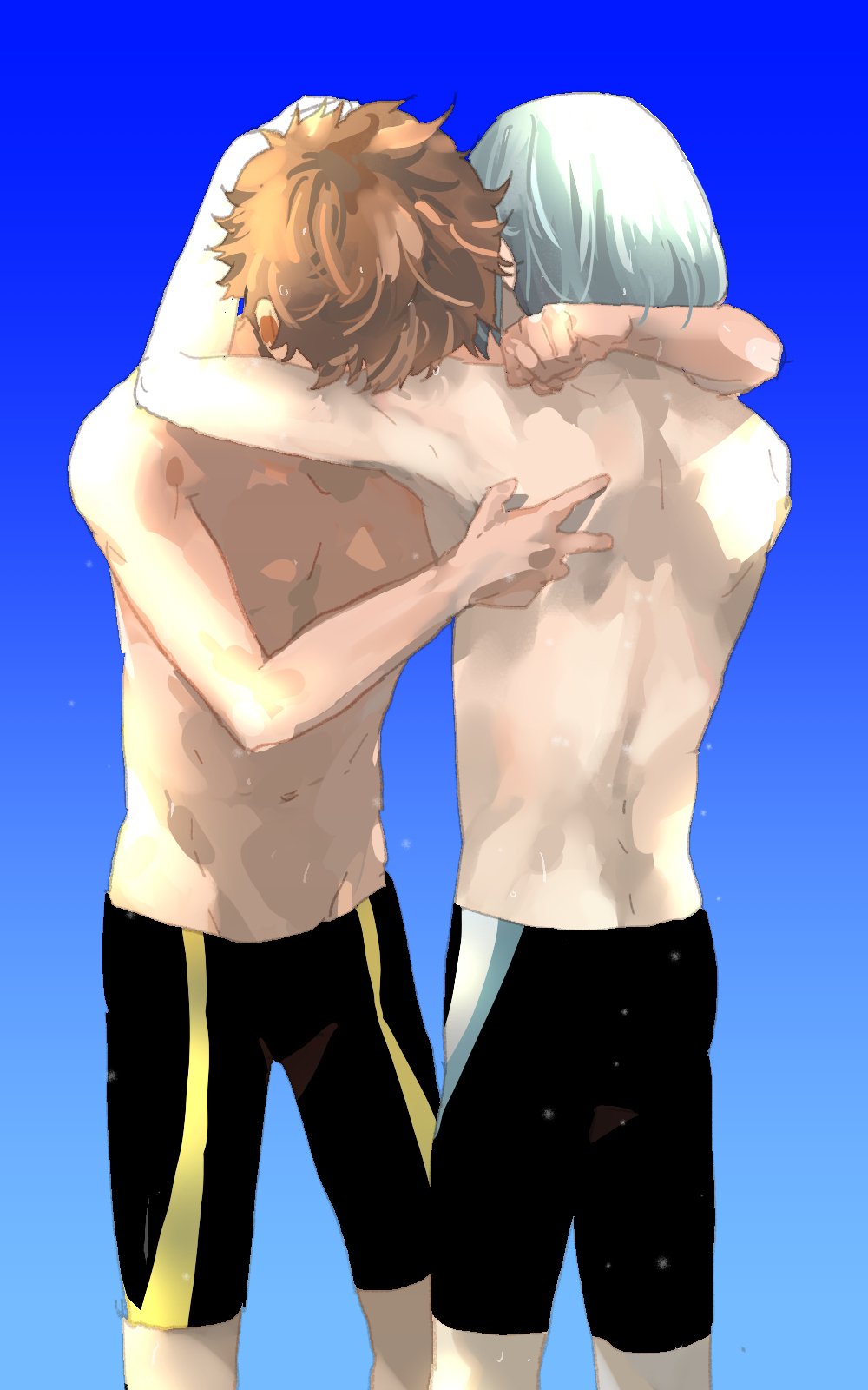 2boys, bad_link, bad_twitter_link, black_jammers, black_male_swimwear, brown_hair, high_speed!, highres
