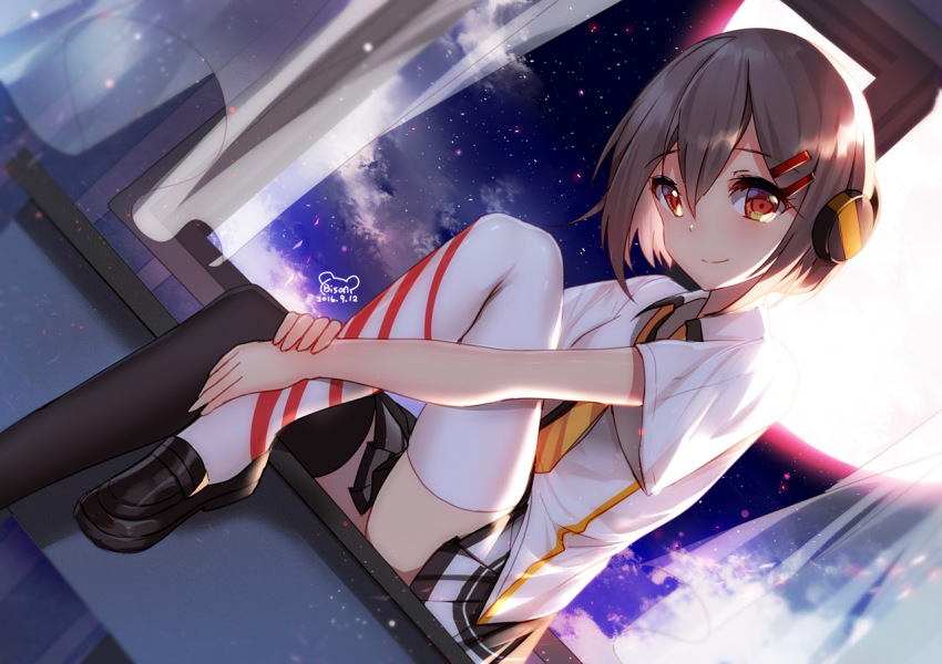 1girl, artist_name, asymmetrical_legwear, ayanami_(warship_girls_r), bison_cangshu, brown_eyes, brown_hair, clothes_between_thighs