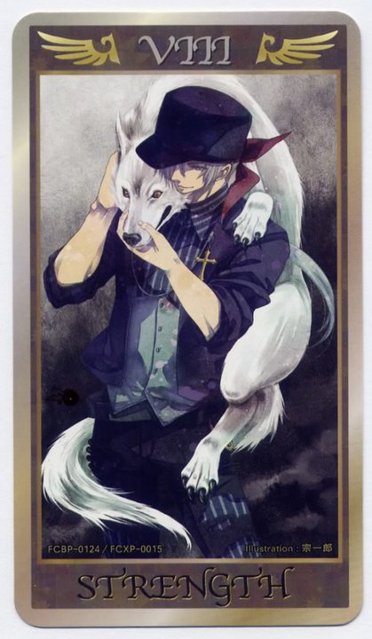 1boy, amakusa_juuza, animal, card_(medium), cross, hat, light_smile, long_hair