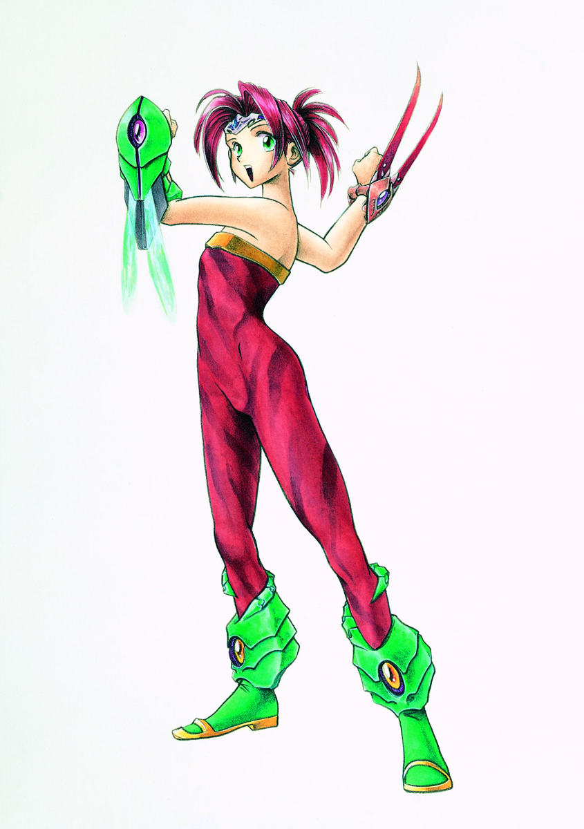 1girl, :d, armpits, ass, bare_shoulders, blade, boots, brooch, child, circlet, claws, female_focus, fighting_stance, flat_chest, gauntlets, green_eyes, hair_bun, high_heels, highres, jewelry, legaia_densetsu, leotard, natsumi_arisawa, noa_(legaia_densetsu), official_art, open_mouth, pink_hair, ponytail, sandals, shield, shoes, short_hair, simple_background, smile, solo, standing, terra_(legaia_densetsu), unitard, weapon, wings