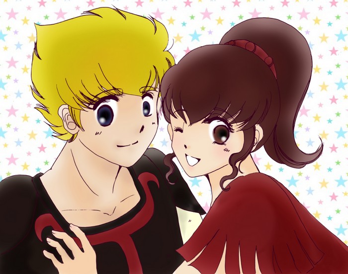 1boy, 1girl, artist_request, blonde_hair, brown_hair, chururu, jordy_vorder, kikou-kai_galient