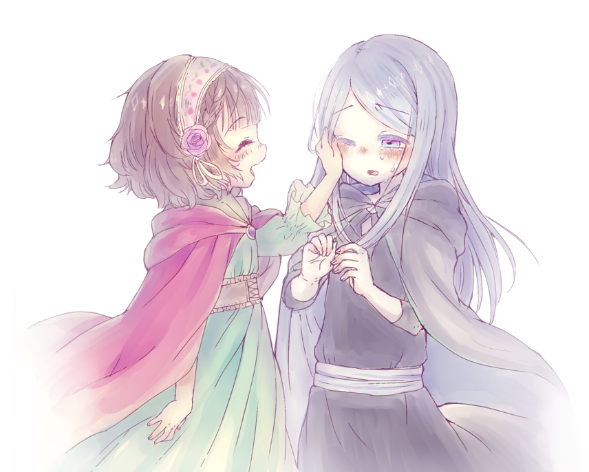 10s, 2girls, ani_inako, cloak, crying, dame_x_prince, closed_eyes, female_focus, hantoumei_namako, long_hair, mare_(dame_x_prince), multiple_girls, one_eye_closed, open_mouth, pale_color, profile, tears