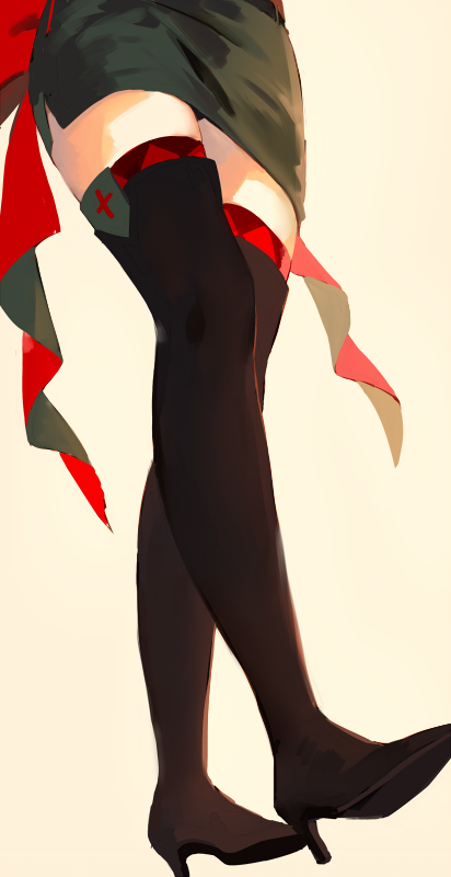 1girl, black_boots, black_thighhighs, boots, bow, female_focus, funamusea, haiiro_teien, high_heel_boots, high_heels, legs, military, military_uniform, miniskirt, pencil_skirt, rigatona, skirt, solo, tekki_(tki), thigh_boots, thighhighs, zettai_ryouiki