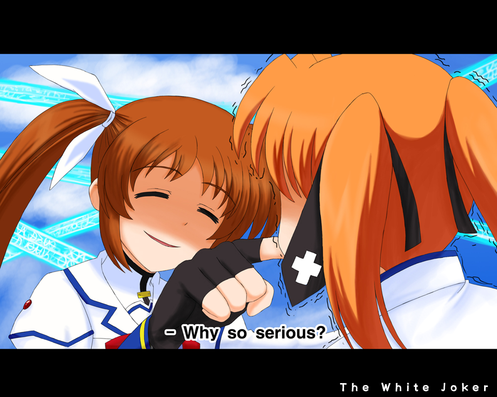 2girls, bad_id, bad_pixiv_id, batman_(series), bow, brown_hair, closed_eyes, cloud