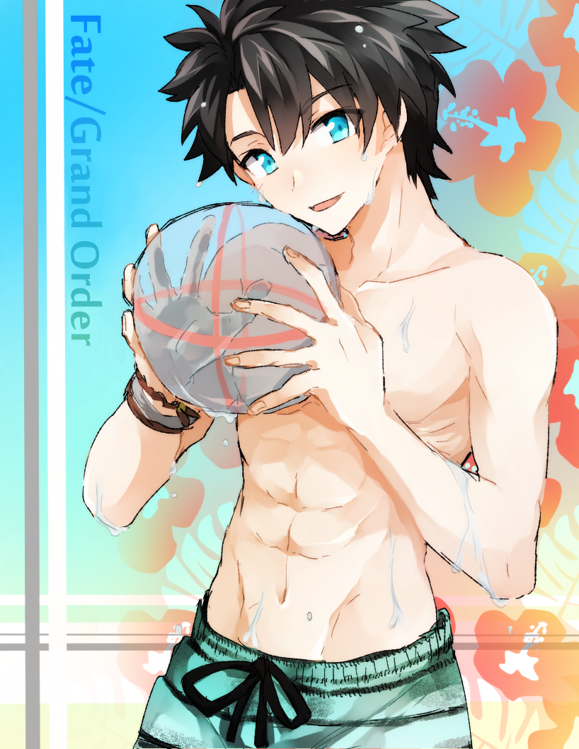 1boy, abs, ball, beachball, black_hair, blue_eyes, bracelet, copyright_name, drawstring, fate/grand_order, fate_(series), flower, fujimaru_ritsuka_(male), fujimaru_ritsuka_(male)_(brilliant_summer), green_male_swimwear, green_swim_trunks, hibiscus, jewelry, looking_at_viewer, male_focus, male_swimwear, minazaka, muscular, navel, official_alternate_costume, smile, solo, striped_male_swimwear, striped_swim_trunks, swim_trunks, swimsuit, topless_male, wet, wet_hair