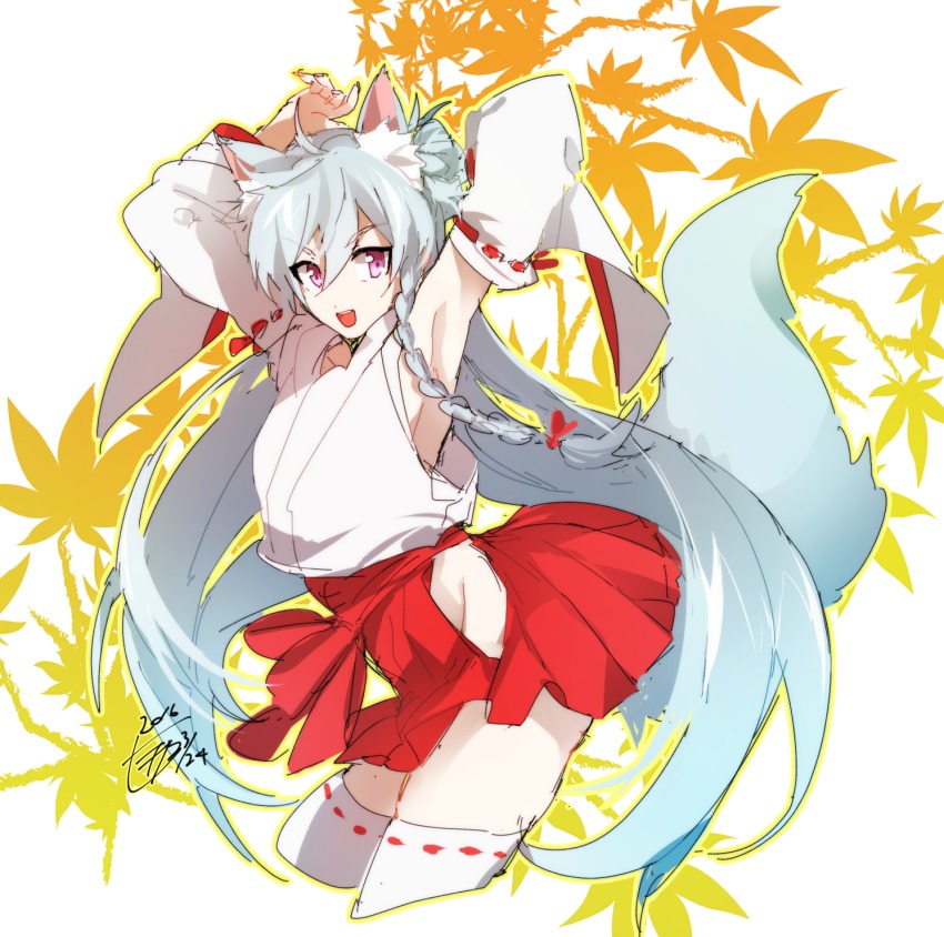 10s, 1boy, 2016, :d, armpits, arms_up, blue_hair, braid