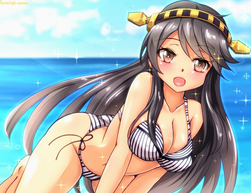 10s, 1girl, all_fours, bikini, black_hair, blush, breasts, brown_eyes