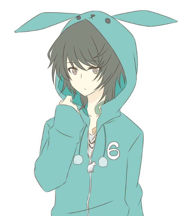 10s, 1boy, animal_hood, bad_id, bad_pixiv_id, black_hair, hood, hooded_jacket, jacket, male_focus, minazuki_rui, rabbit_hood, ren_(friends-love), simple_background, solo, tsukino_talent_production, tsukiuta, upper_body, white_background