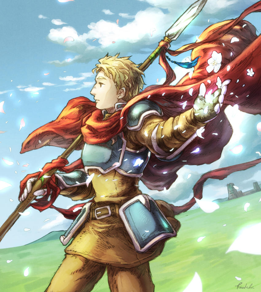 1boy, armor, artist_name, blonde_hair, brown_eyes, cape, cloud, day