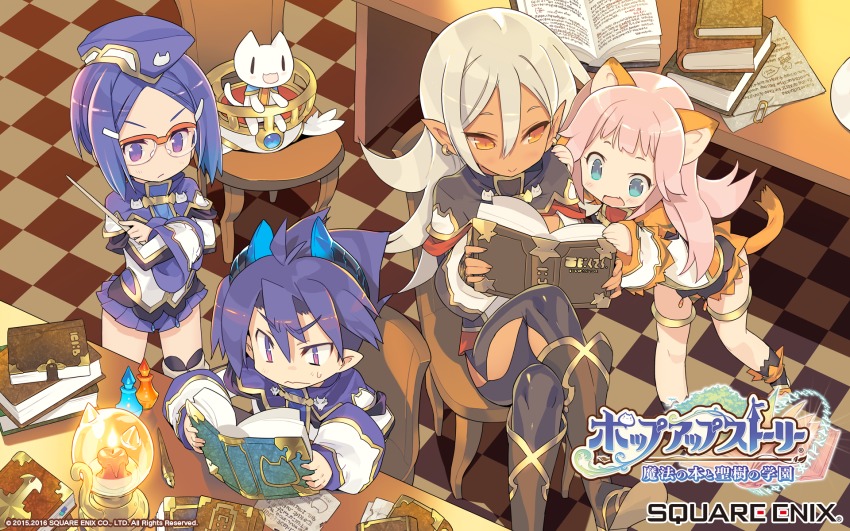 1boy, 3:, 3girls, :3, animal_ears, blade_(galaxist), blonde_hair, blue_eyes