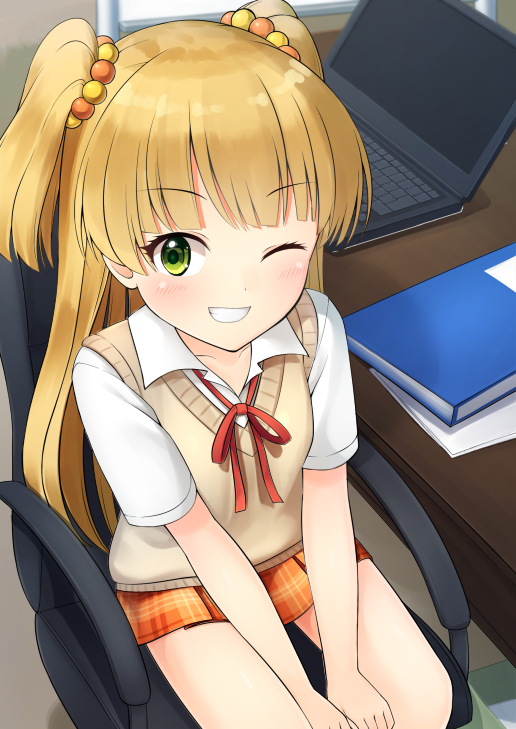 10s, 1girl, ariel23795, beads, between_legs, blonde_hair, blush, chair