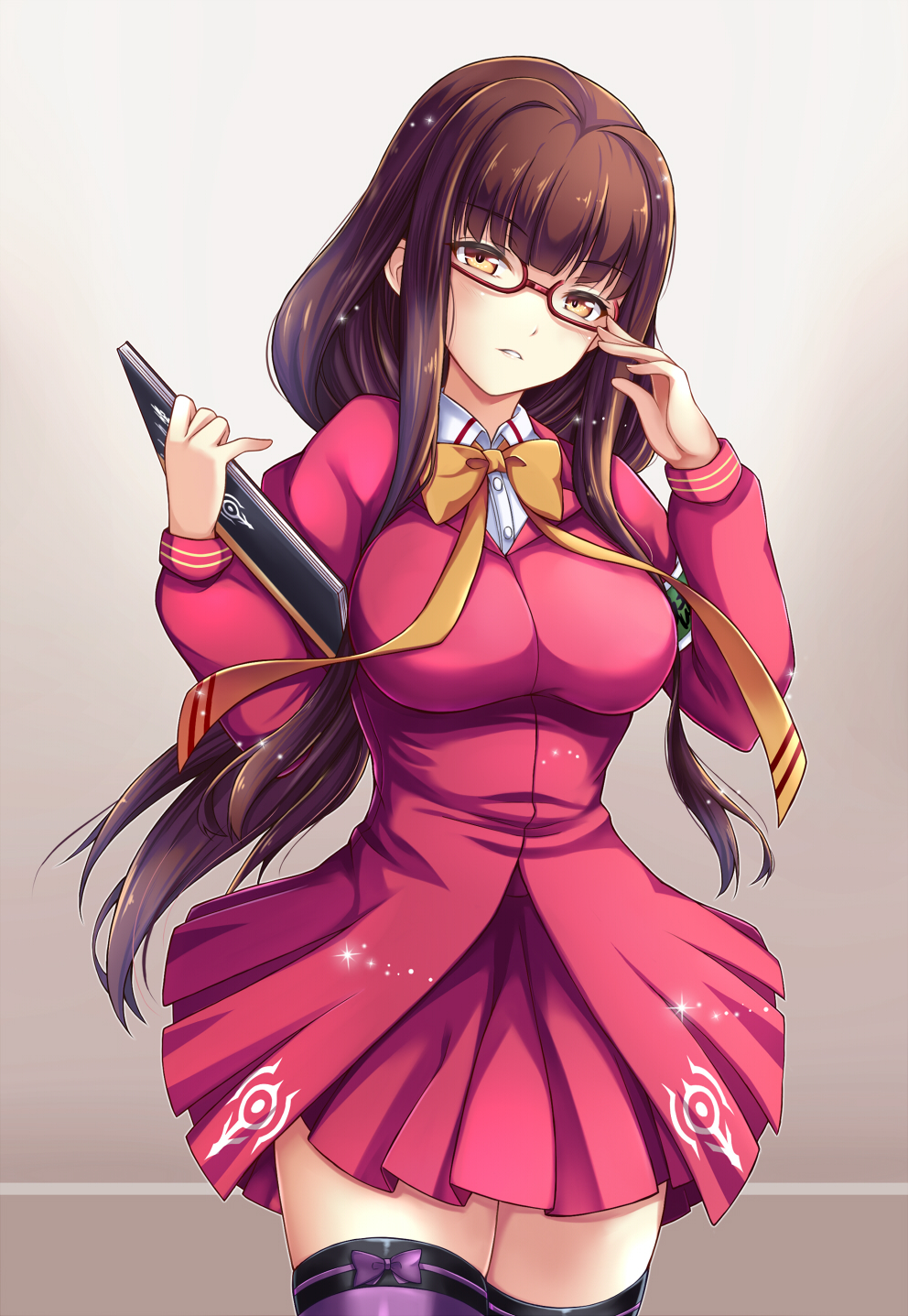 10s, 1girl, adjusting_eyewear, aoki_hagane_no_arpeggio, armband, blazer, breasts, brown_eyes