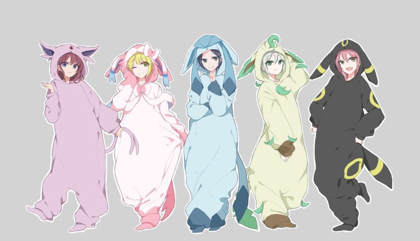 5girls, ajiwo, animal_costume, black_hair, blonde_hair, brown_hair, cosplay, espeon