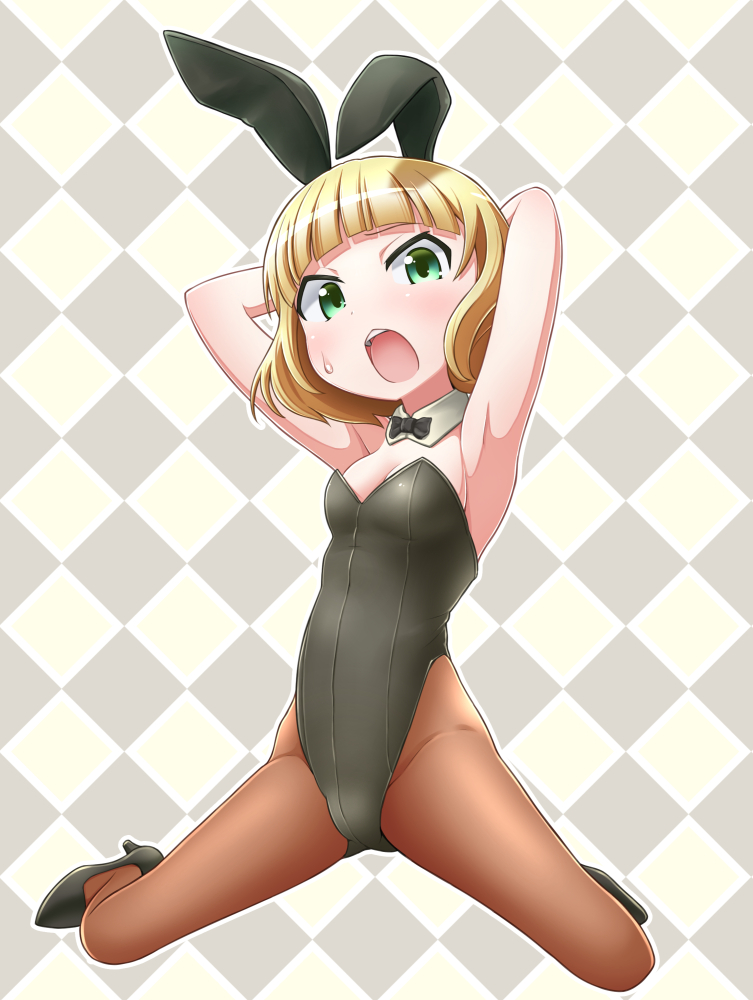 1girl, animal_ears, arms_behind_head, arms_up, bad_id, bad_pixiv_id, blonde_hair, bow, bowtie, checkered_background, detached_collar, fake_animal_ears, female_focus, gochuumon_wa_usagi_desu_ka?, green_eyes, kirima_syaro, kneeling, kurosawa_(kurosawakyo), pantyhose, playboy_bunny, rabbit_ears, short_hair, solo, wrist_cuffs