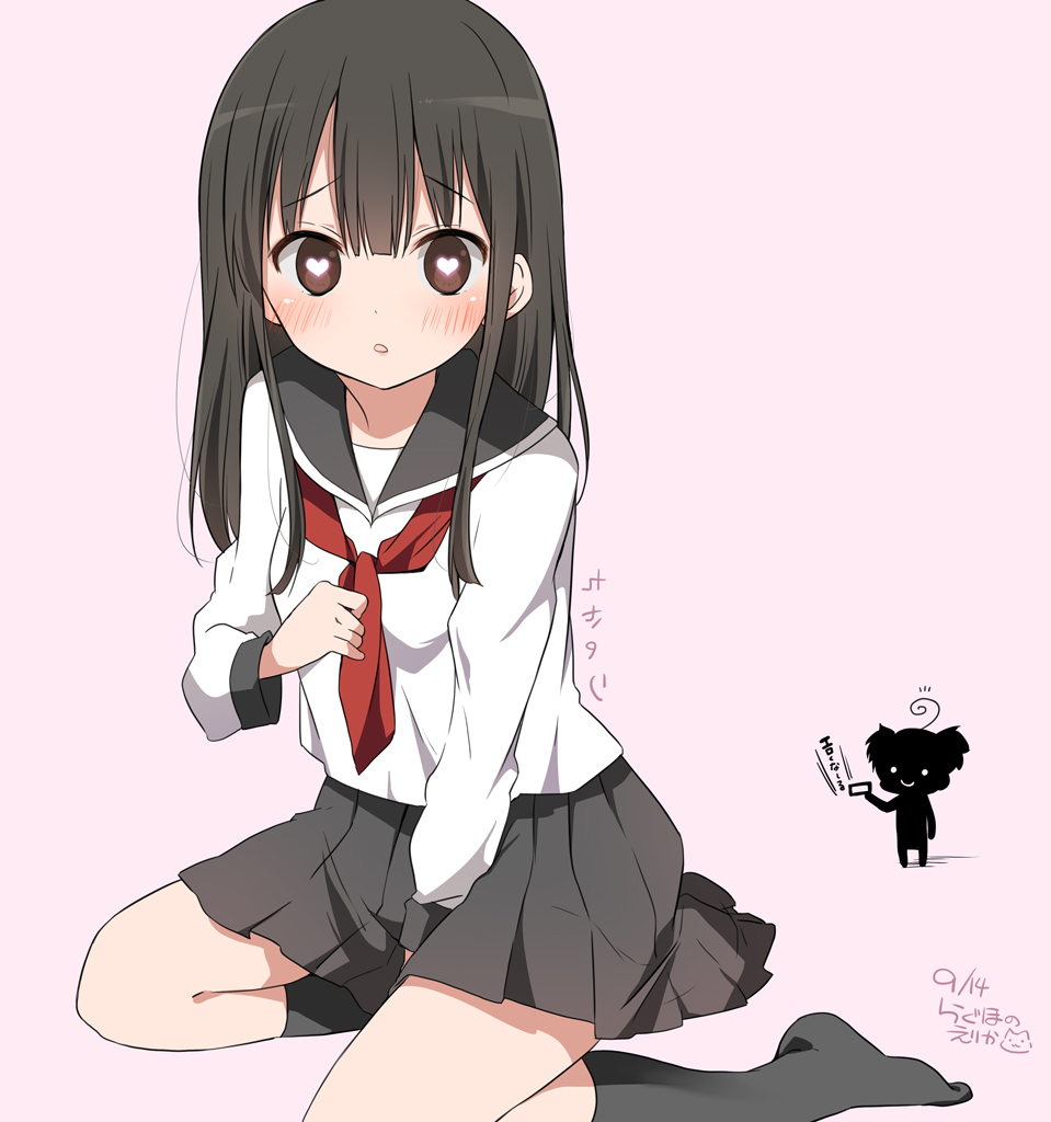 2girls, ahoge, artist_name, between_legs, black_hair, black_socks, blush, brown_eyes