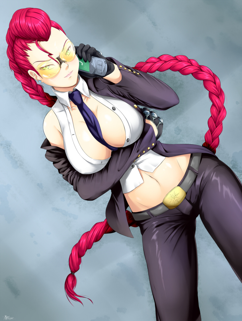1girl, between_breasts, black_gloves, braid, braided_ponytail, breasts, cellphone, cleavage, clothes_between_breasts, crimson_viper, fauxhawk, female_focus, glasses, gloves, green_eyes, highres, large_breasts, long_hair, looking_at_viewer, midriff, navel, necktie, necktie_between_breasts, phone, pompadour, red_hair, smile, solo, street_fighter, street_fighter_iv_(series), sunglasses, tinted_eyewear, yellow-tinted_eyewear, yellow-tinted_glasses, yomitrooper