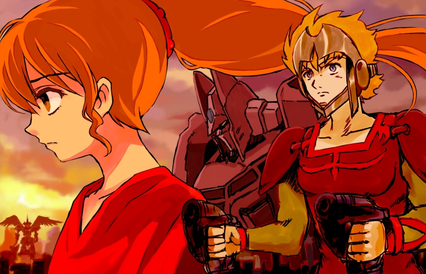 1boy, 1girl, armor, blue_eyes, brown_eyes, brown_hair, chururu, galient