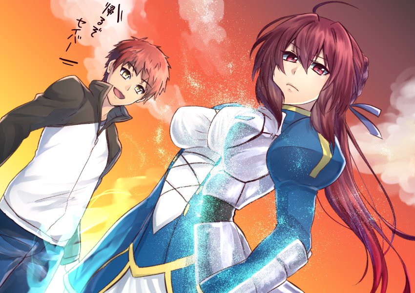 000_(jicasoe), 1boy, 1girl, absurdres, armor, artoria_pendragon_(fate), breasts, cosplay