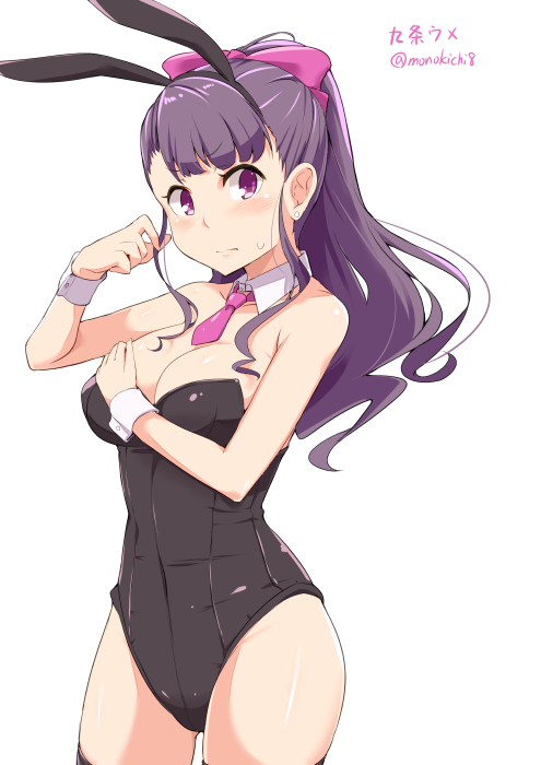 1girl, animal_ears, bare_shoulders, black_thighhighs, blush, bow, breasts, cleavage