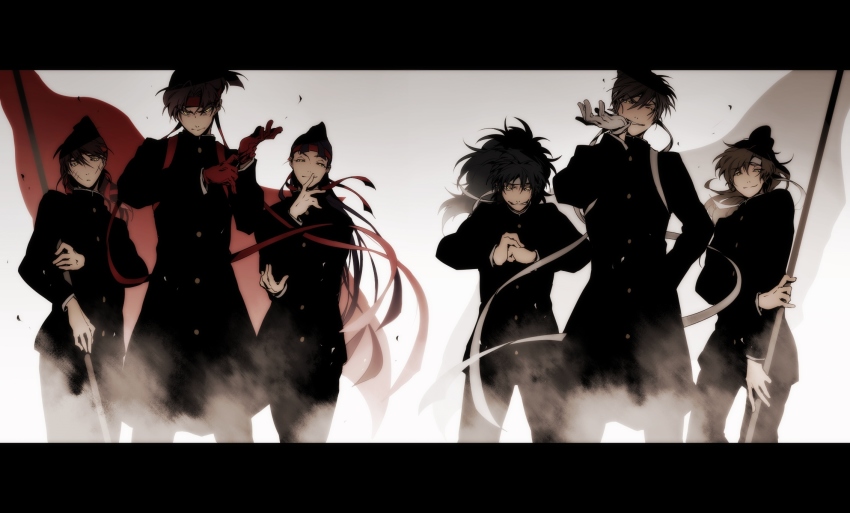 6+boys, dossei, flag, gakuran, gloves, gradient_background, headband, highres