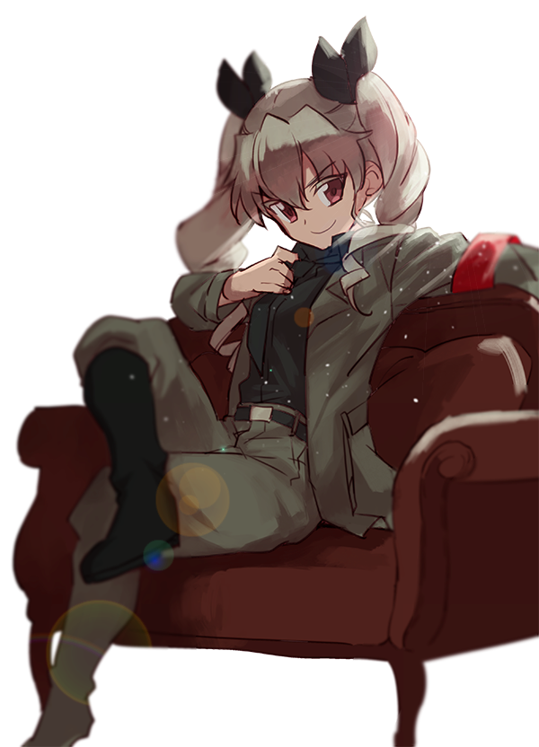 10s, 1girl, anchovy_(girls_und_panzer), armchair, bad_id, bad_pixiv_id, belt, black_boots