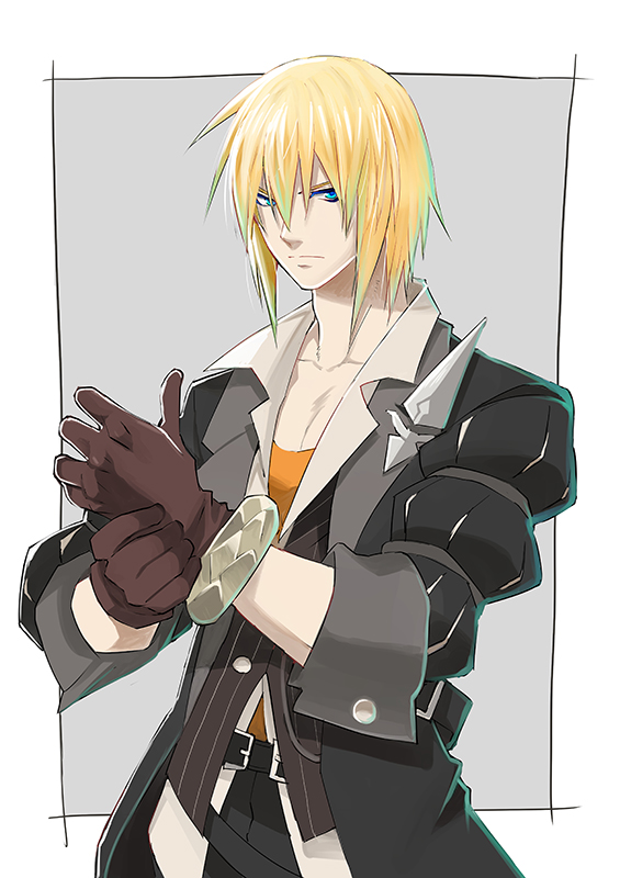 1boy, belt, blonde_hair, blue_eyes, brown_gloves, coat, cowboy_shot, eizen_(tales)