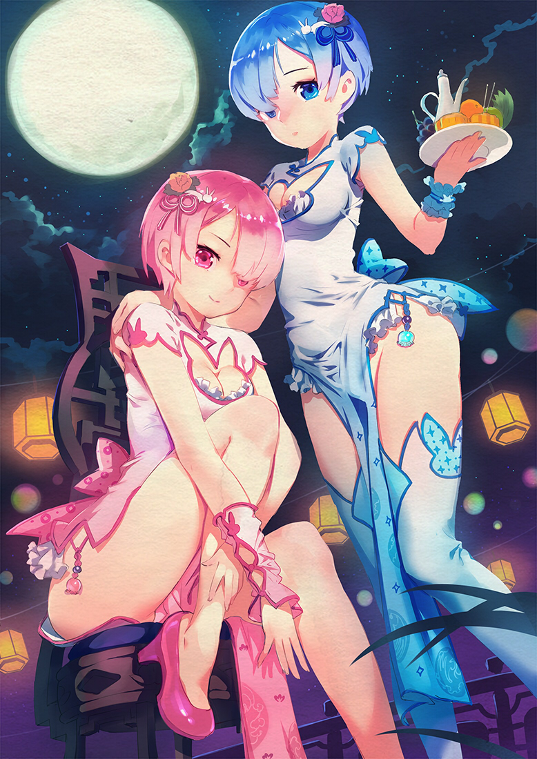 10s, 2girls, animal_cutout, animal_ear_legwear, blue_eyes, blue_hair, blush, breasts