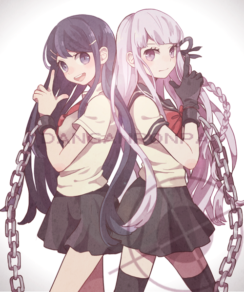 10s, 2girls, back-to-back, blue_eyes, blue_hair, braid, chain, danganronpa_(series)
