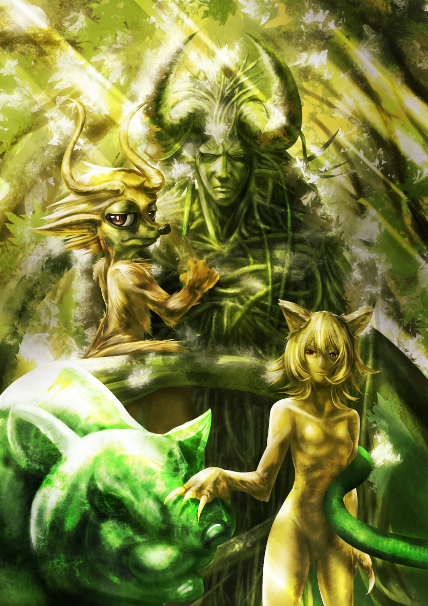 1boy, 1girl, animal_ears, cat_ears, demon_horns, furry, highres, horns