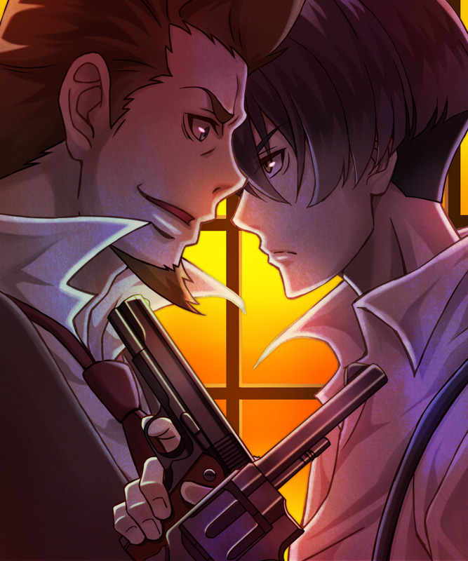 10s, 2boys, 91_days, avilio_bruno, black_hair, brown_eyes, brown_hair, eye_contact