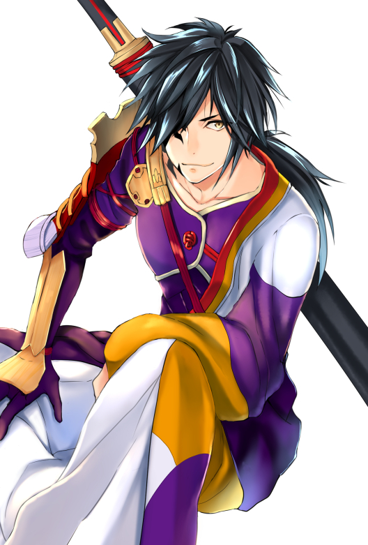 1boy, black_hair, gloves, hair_over_one_eye, hand_on_own_thigh, japanese_clothes, katana, long_hair