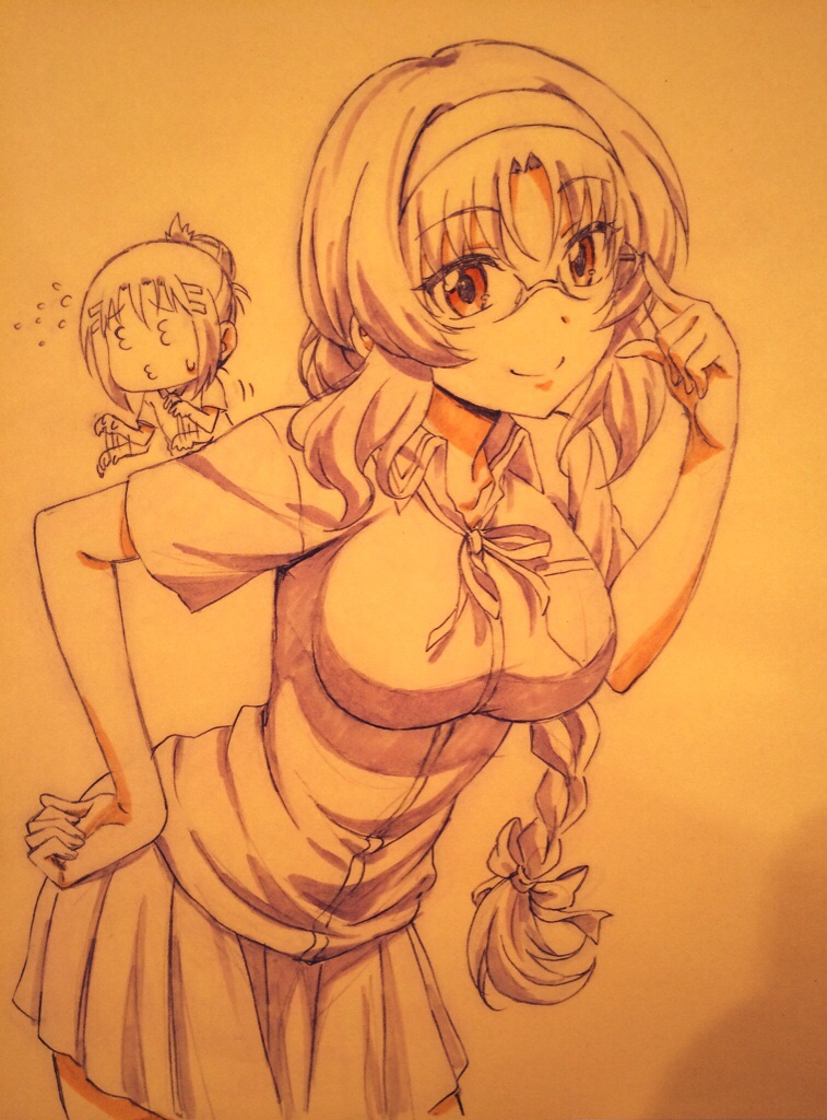 2girls, 3_3, afterimage, bad_id, bad_pixiv_id, bow, braid, breasts, cleavage, collared_shirt, d-frag!, flying_sweatdrops, fusuke208, hair_bow, hair_ornament, hairclip, hand_on_own_hip, inada_tsutsumi, large_breasts, long_hair, looking_for_glasses, monochrome, motion_lines, multiple_girls, neck_ribbon, pleated_skirt, puckered_lips, ribbon, shirt, short_sleeves, skirt, sweatdrop, takao_(d-frag!), traditional_media, very_long_hair, wing_collar