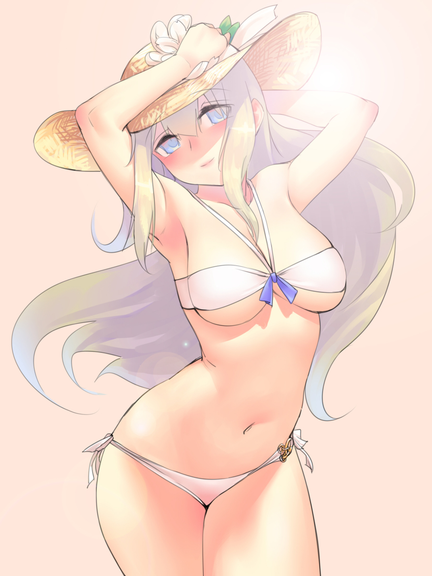 1girl, absurdres, arched_back, arm_behind_head, armpits, arms_up, bare_shoulders, bikini