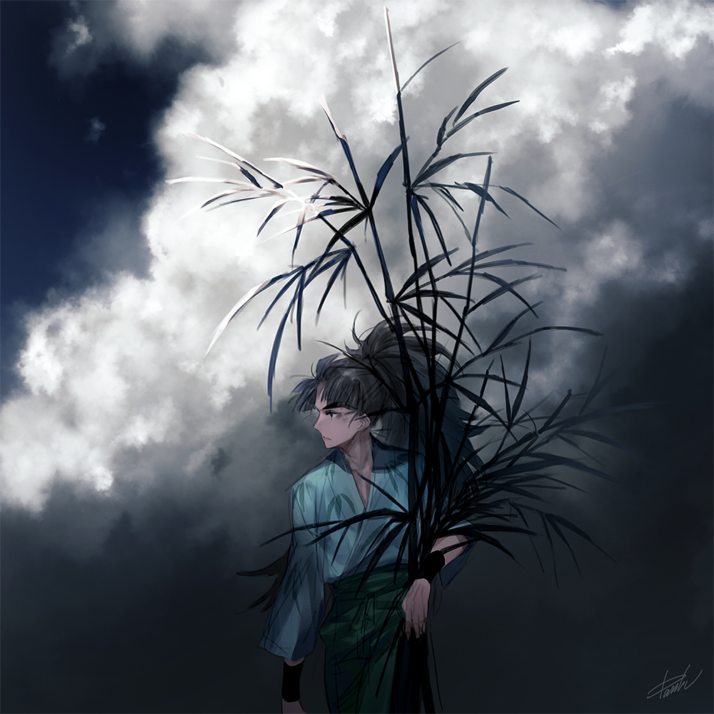 1boy, bad_id, bad_pixiv_id, black_hair, cloud, danhu, high_ponytail, japanese_clothes