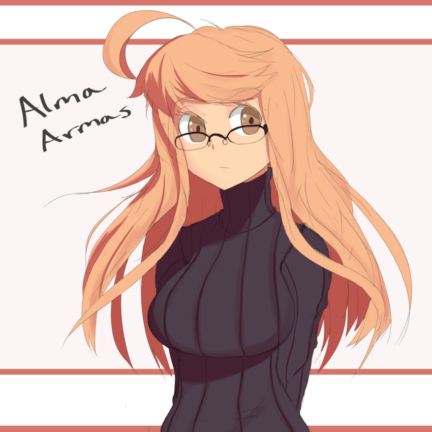 1girl, alma_armas, arms_behind_back, black_sweater, blonde_hair, breasts, brown_eyes, female_focus, glasses, guppydesu, highres, large_breasts, looking_at_viewer, looking_over_eyewear, solo, sweater, upper_body, va-11_hall-a, white_background