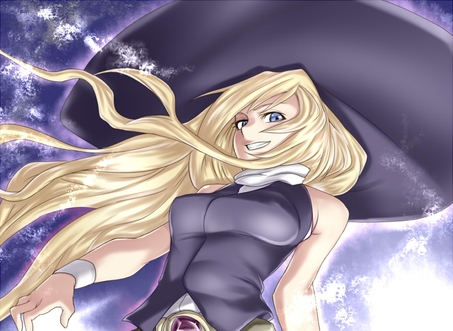 1girl, blonde_hair, blue_eyes, breasts, female_focus, grin, hat, hou_takashi_ji