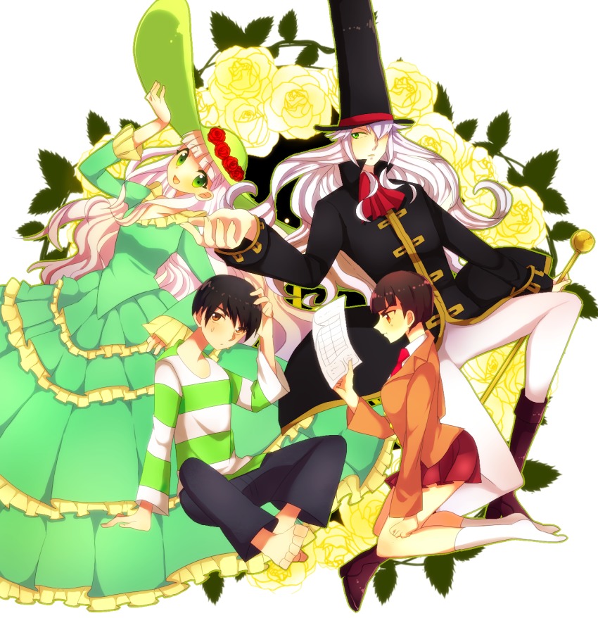 2boys, 2girls, brother_and_sister, couple, dress, hat, highres, multiple_boys