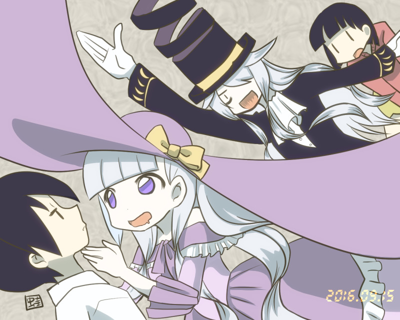 2boys, 2girls, brother_and_sister, couple, dress, hat, multiple_boys, multiple_girls, saint-germain, sekkachi_hakushaku_to_jikan_dorobou, siblings, tokitada_michelle, tokitada_suguru, white_hair, yubutsu_magokoro
