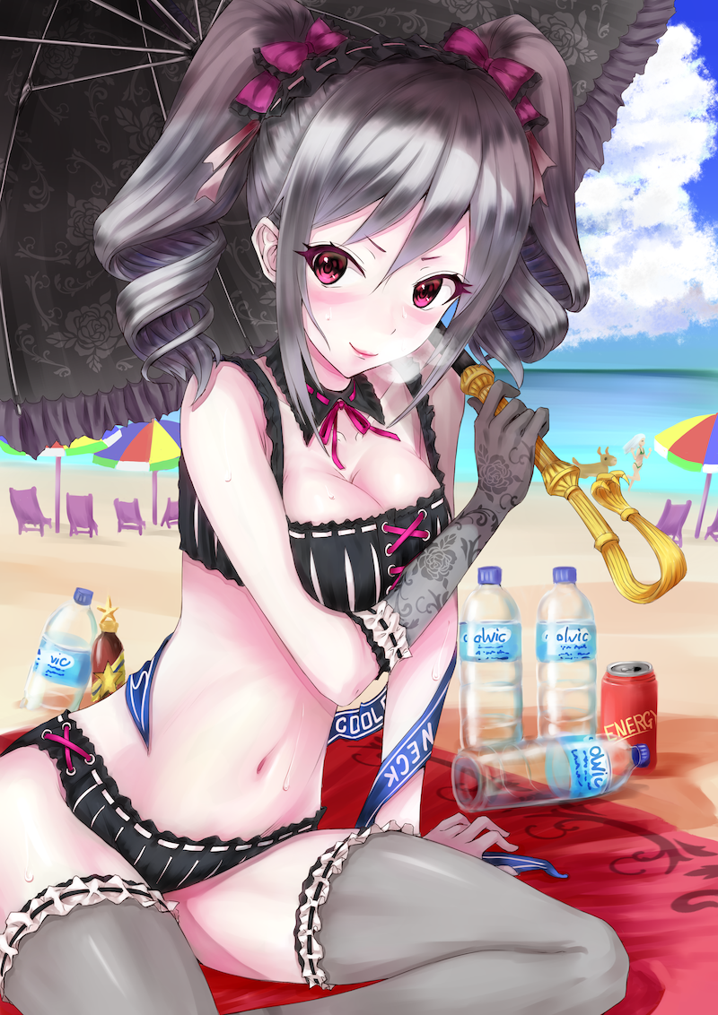 10s, 1girl, beach, bikini, blitzen, bottle, breasts, cleavage