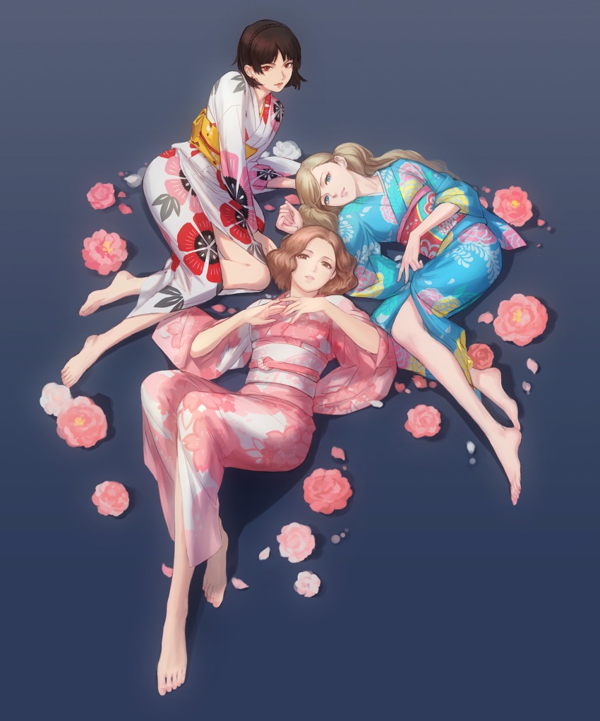10s, 3girls, arm_support, barefoot, black_hair, blonde_hair, blue_background, blue_eyes, braid, brown_eyes, brown_hair, crown_braid, earrings, floral_print, flower, gradient_background, grey_background, highres, japanese_clothes, jewelry, kimono, looking_at_viewer, lying, matching_hair/eyes, md5_mismatch, multiple_girls, nail_polish, niijima_makoto, obi, okumura_haru, on_back, on_side, parted_lips, persona, persona_5, petals, pink_flower, pink_nails, qingxingzhen, red_eyes, resolution_mismatch, sash, short_hair, smirk, source_larger, stud_earrings, takamaki_anne, toenails, twintails, wavy_hair, yukata