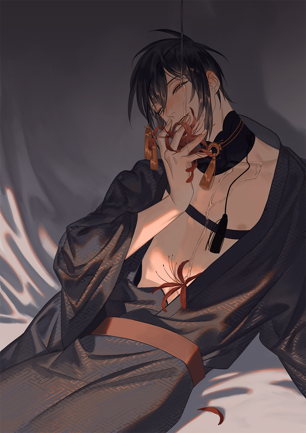 10s, 1boy, blue_eyes, flower, hairband, highres, japanese_clothes, kimono