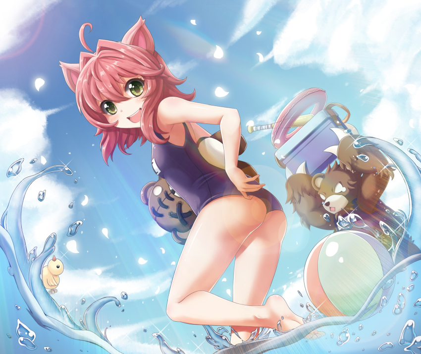 1girl, :d, adjusting_clothes, adjusting_swimsuit, ahoge, animal_ears, annie_(league_of_legends), arms_up
