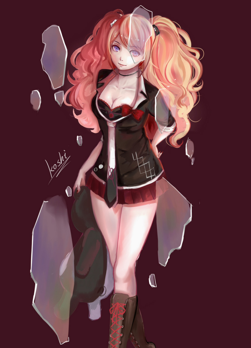 10s, 1girl, absurdres, bear_hair_ornament, boots, bra, breasts, cleavage, danganronpa:_trigger_happy_havoc, danganronpa_(series), enoshima_junko, gezi_furen, hair_ornament, highres, koshi_(gezifuren), looking_at_viewer, monokuma, necktie, pleated_skirt, skirt, smile, spoilers, twintails, underwear