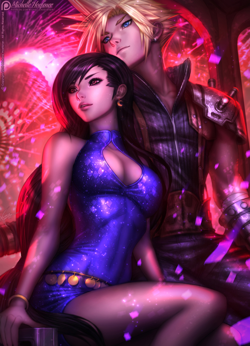 1990s_(style), 1boy, 1girl, alternate_costume, bad_deviantart_id, bad_id, black_hair, blonde_hair, blue_eyes, bracelet, breasts, brown_eyes, cleavage, cleavage_cutout, clothing_cutout, cloud_strife, dress, earrings, final_fantasy, final_fantasy_vii, fireworks, highres, jewelry, large_breasts, long_hair, michelle_hoefener, retro_artstyle, sequins, short_dress, sitting, smile, sparkle, tifa_lockhart, wall_market